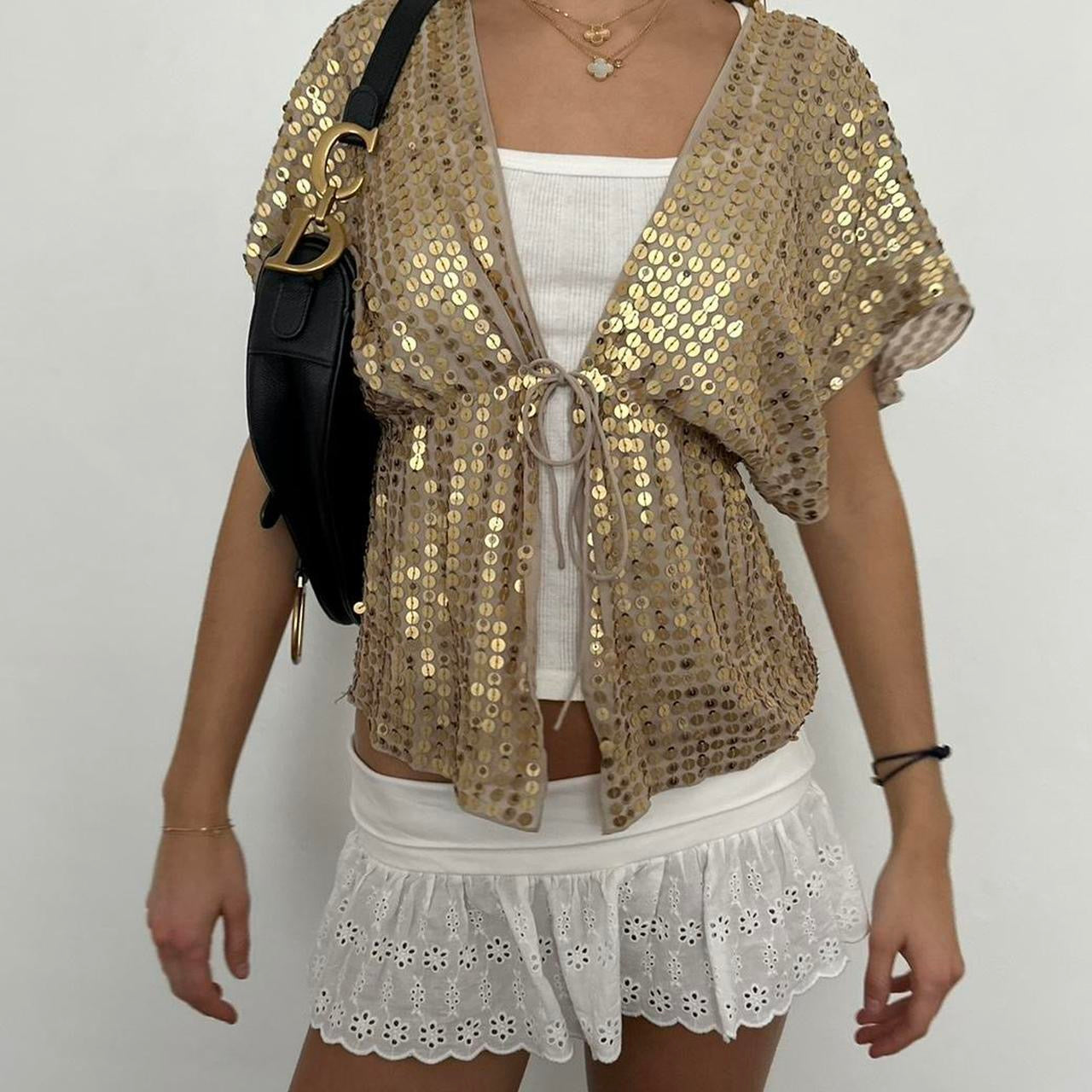 Vintage 90’s tie up gold short sleeve cardigan top