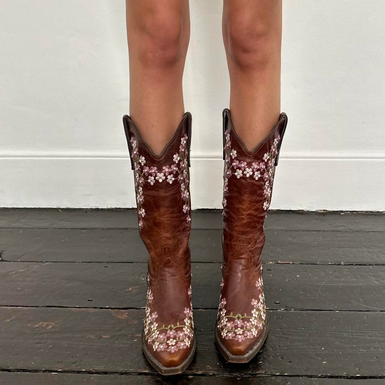 Vintage handmade floral embroidered brown cowboy boots