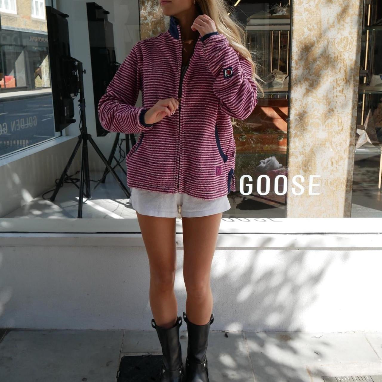 Vintage pink and navy striped zip up jacket