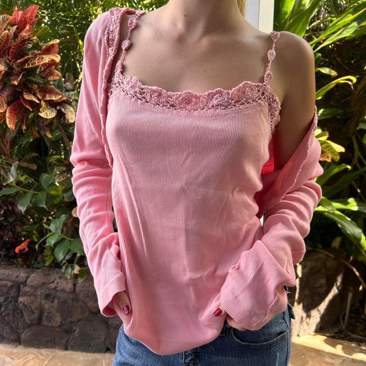 Vintage pink layering cardigan top and matching cami top
