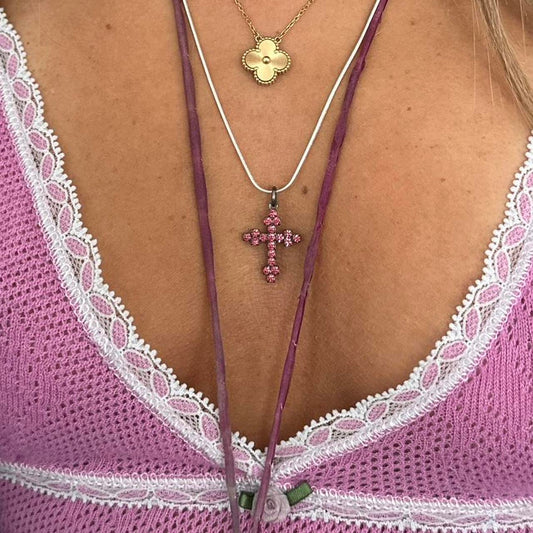 Vintage pink cross necklace on silver chain