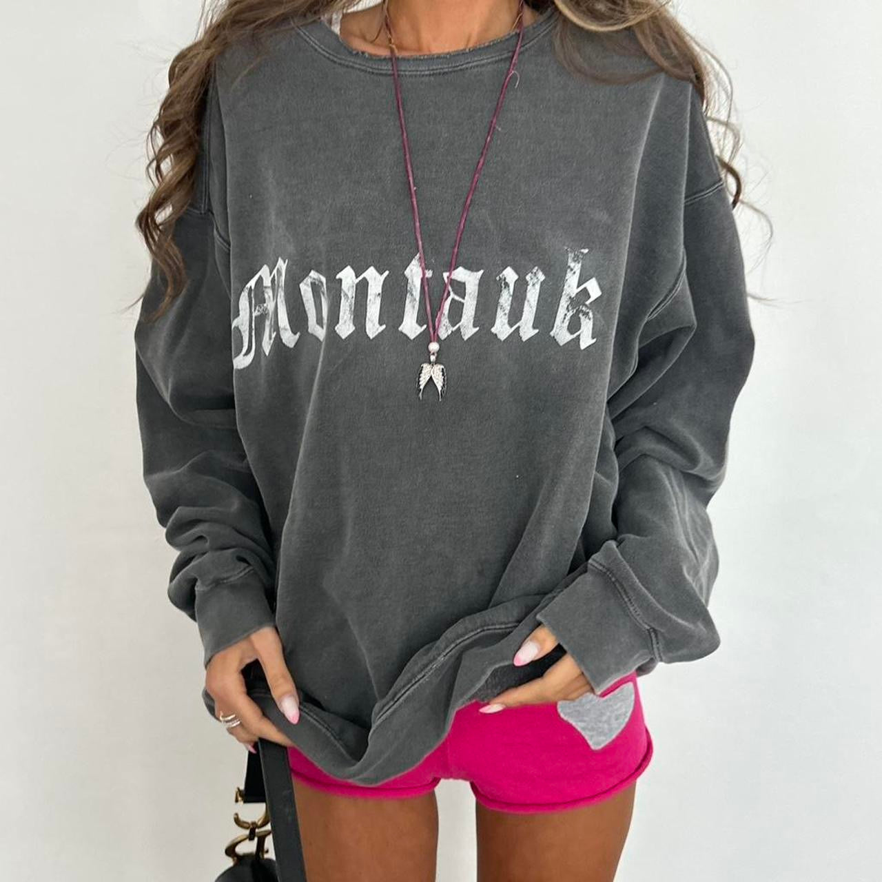 Vintage grey Montauk script washed distressed sweatshirt