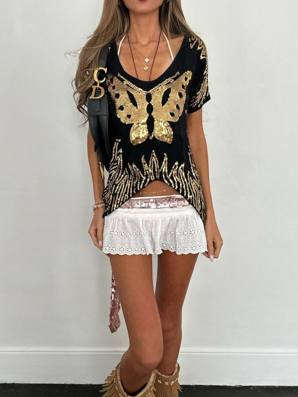 Vintage 00’s butterfly sequin black and gold top