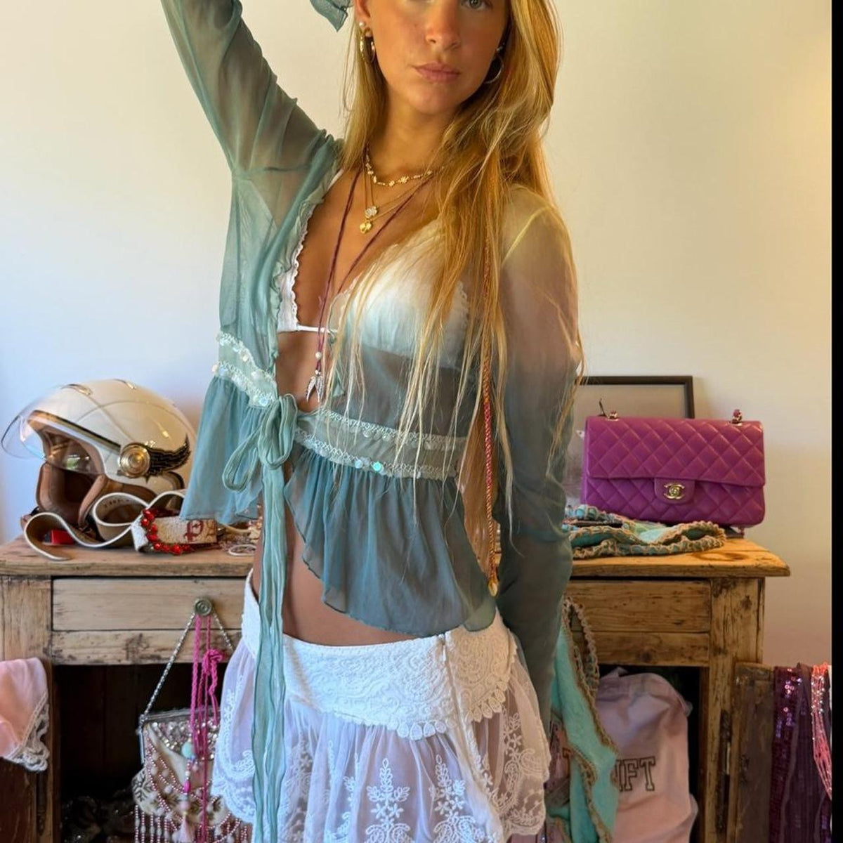 Vintage 00’s turquoise sheer tie up cardigan top