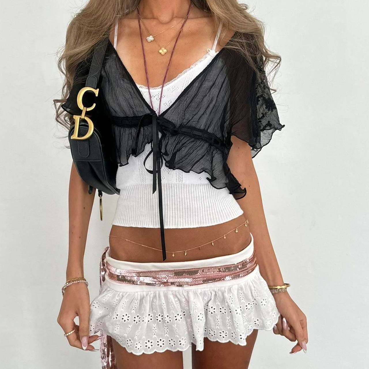 Vintage 00s black sequin tie up top