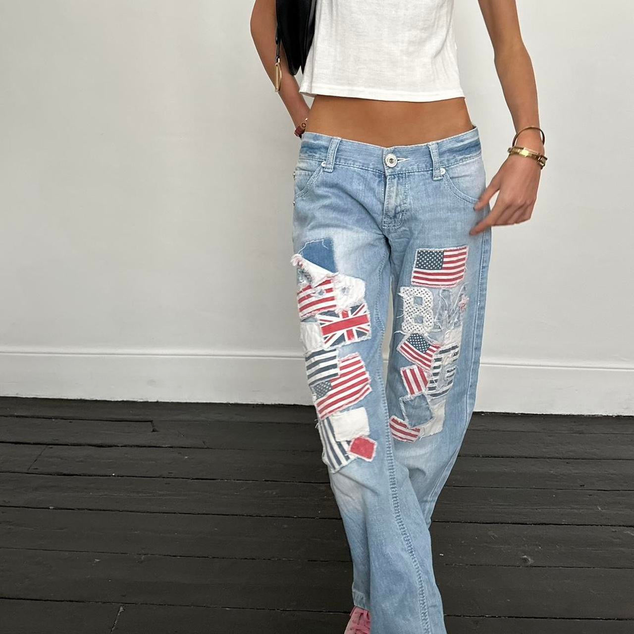 Vintage 2000’s flag blue distressed jeans USA 🇺🇸🇬🇧🩵