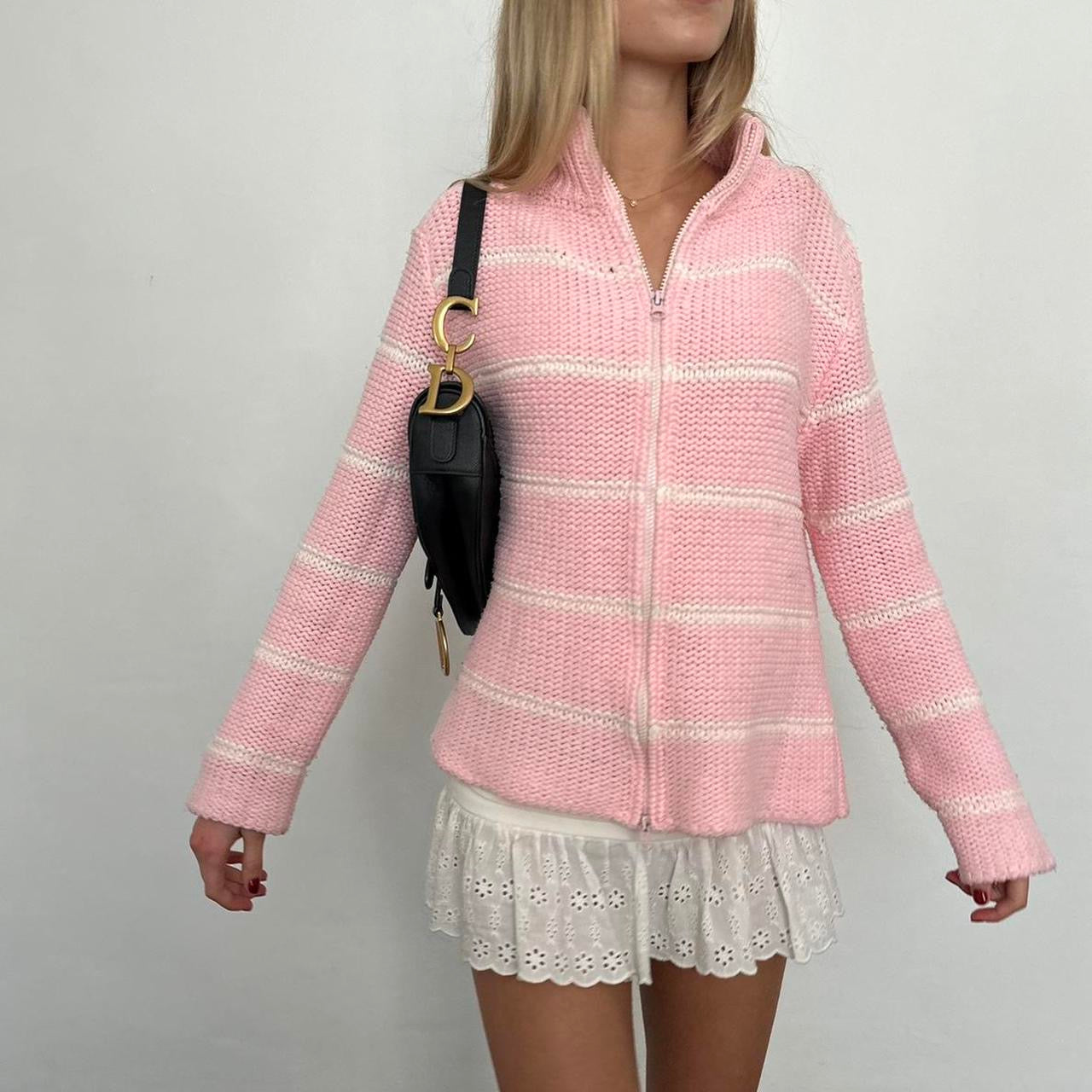 Vintage pink and white striped knitted zip up