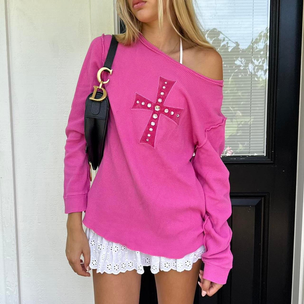Vintage pink cross waffle long sleeve top