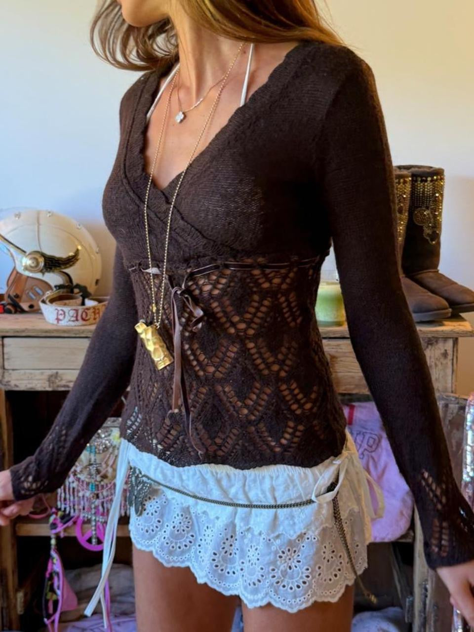 Vintage 00’s brown crochet cardigan top
