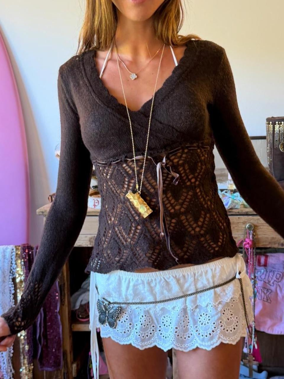Vintage 00’s brown crochet cardigan top