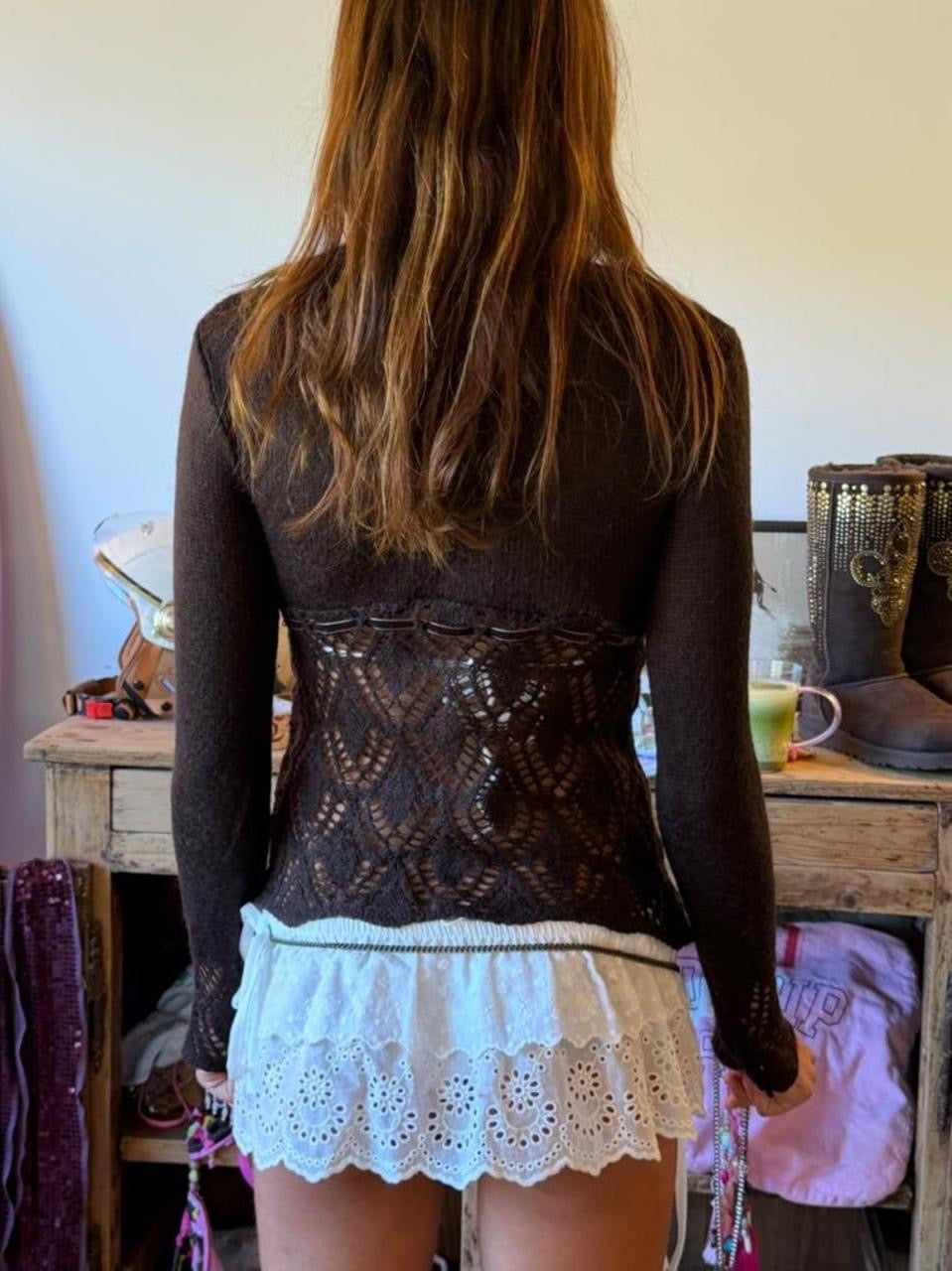 Vintage 00’s brown crochet cardigan top