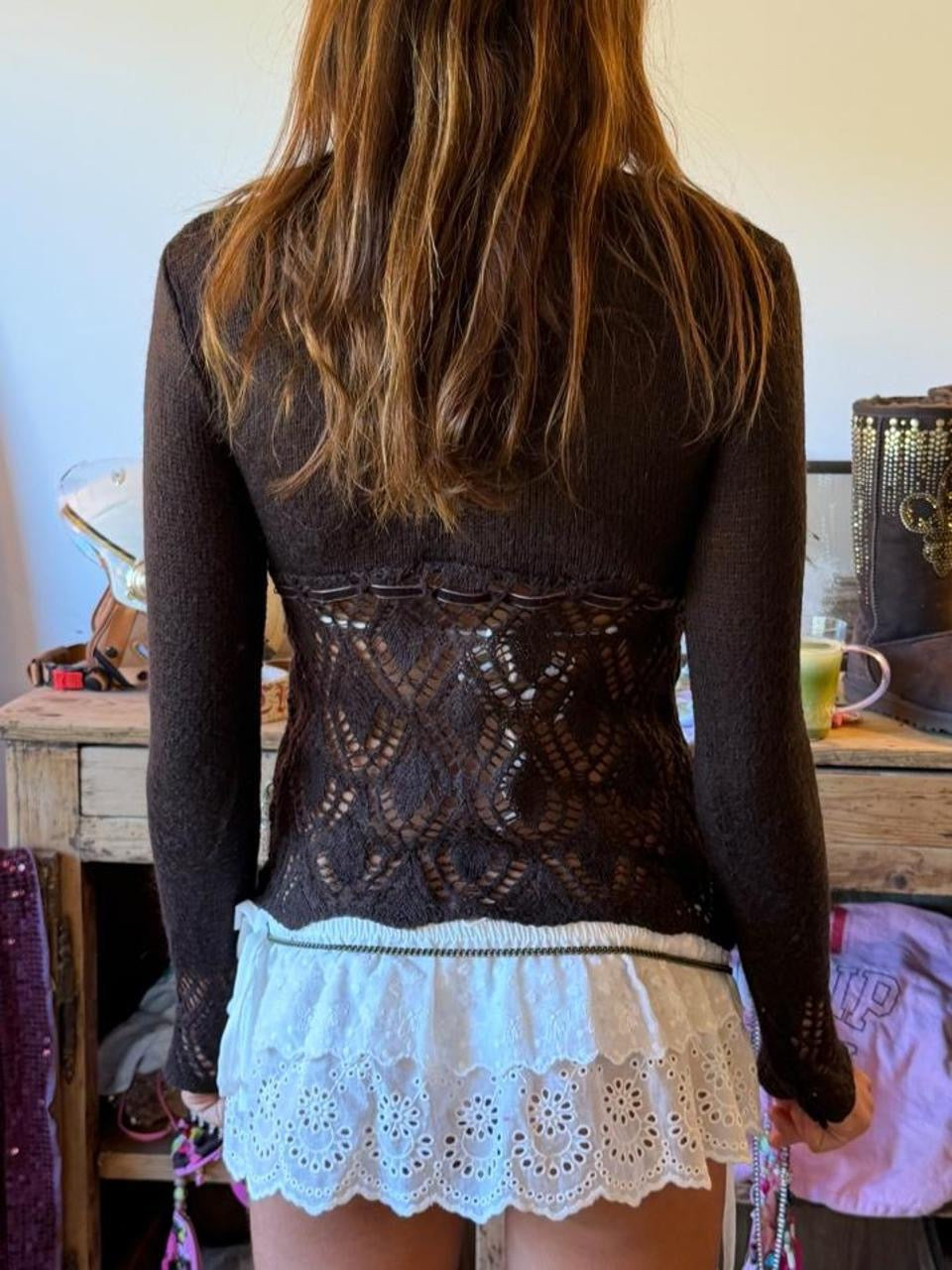 Vintage 00’s brown crochet cardigan top
