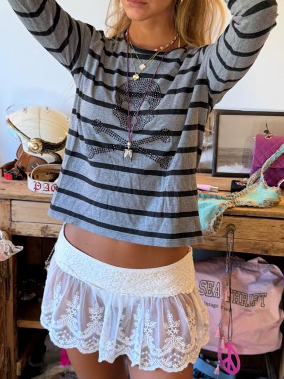 Vintage skull and crossbones diamanté grey striped top