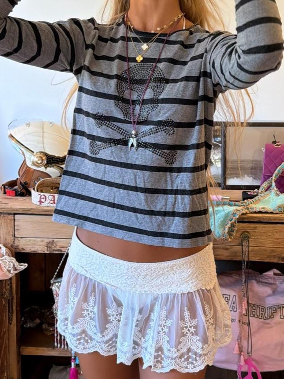 Vintage skull and crossbones diamanté grey striped top