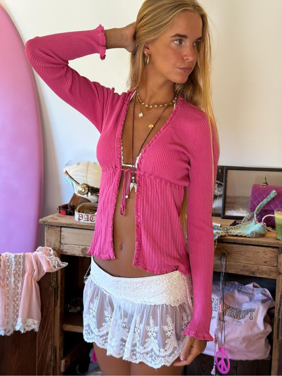 Vintage 00’s pink tie up long sleeve top