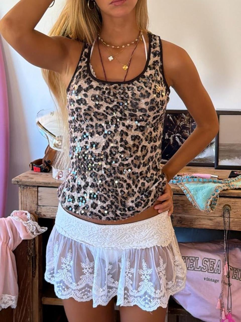 Vintage leopard sequin top