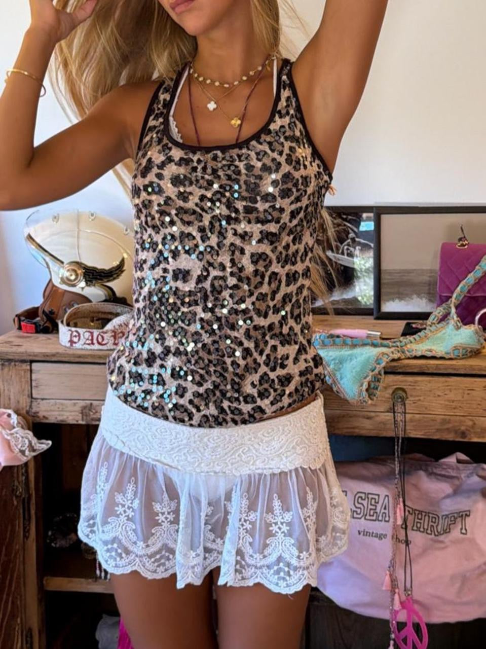 Vintage leopard sequin top