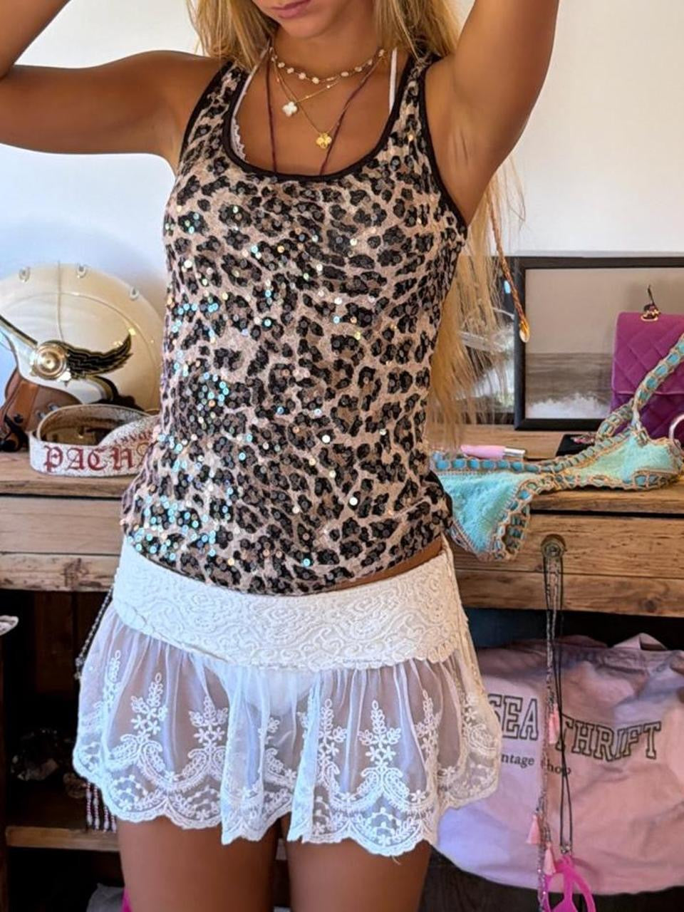 Vintage leopard sequin top