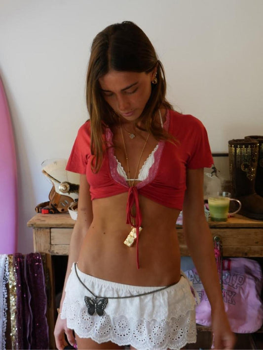Vintage 00’s red tie up top with pink lace detailing
