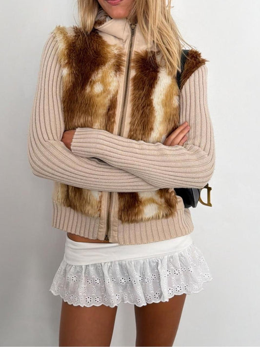 Vintage 00’s faux fur ribbed zip up cardigan
