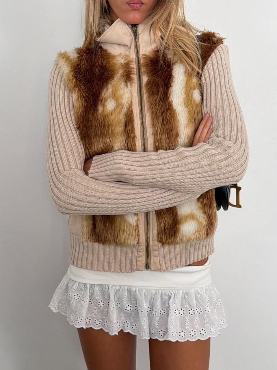 Vintage 00’s faux fur ribbed zip up cardigan