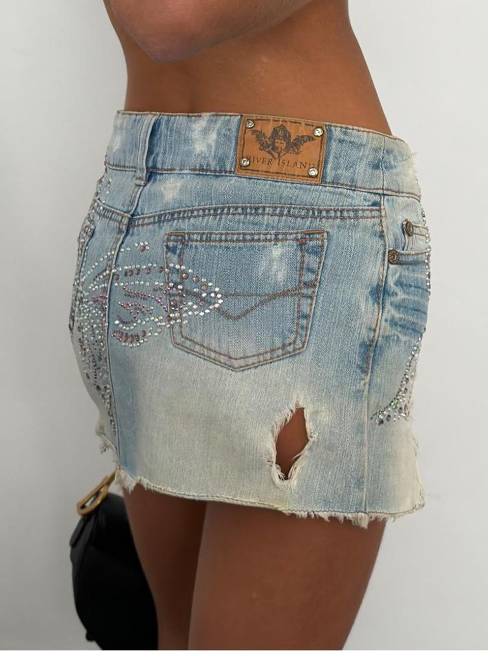 Vintage 00’s butterfly bejewelled distressed denim skirt
