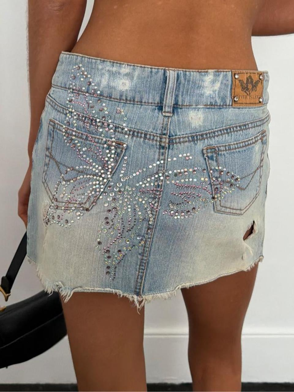 Vintage 00’s butterfly bejewelled distressed denim skirt