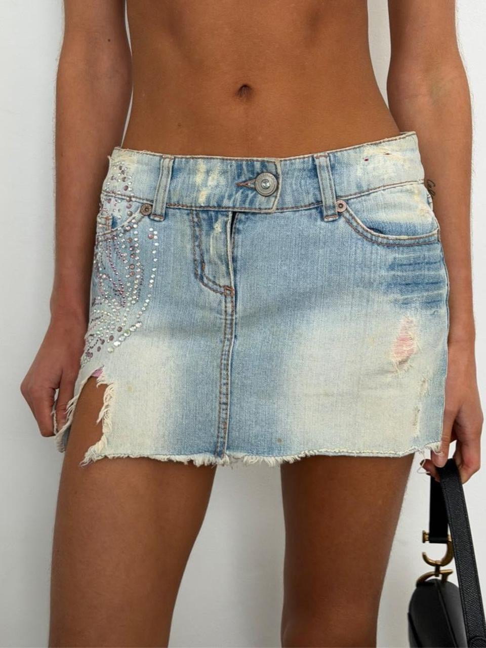 Vintage 00’s butterfly bejewelled distressed denim skirt
